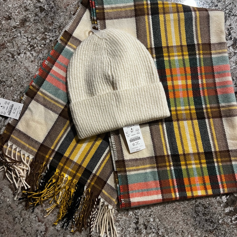 J.Crew Plaid Scarf + Ivory Ribbed Beanie Set NWT Cozy Winter Bundle
